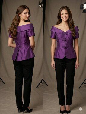 VTG Watters & Watters Purple Shantung Peplum Blouse 10 Frog Closure 90s Glam USA